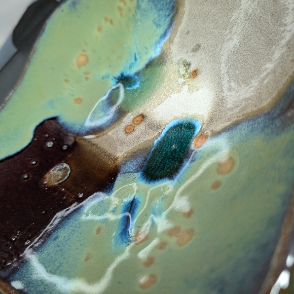 Hand made signed drip glaze chocolate/moss/taupe 10" square heavy pottery plate - Picture 7 of 7